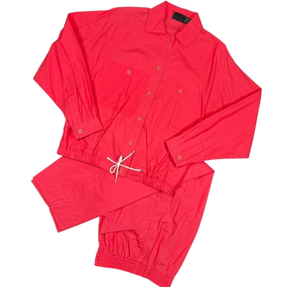 Liz Claiborne Vintage Womens M/L Coral Pink Cotton 2pc Jacket‎ Pants Set Casual